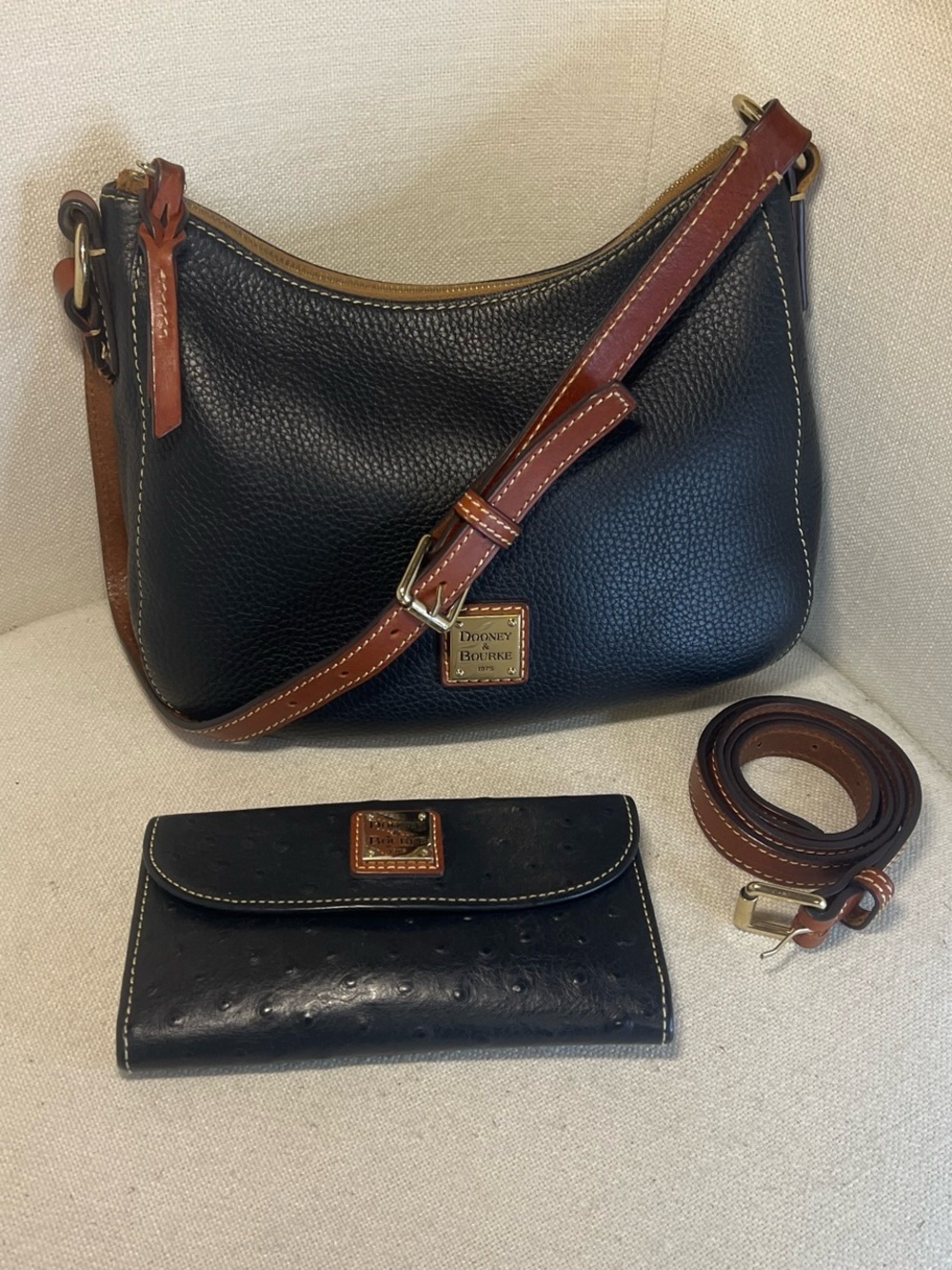 Dooney & Bourke Black Pebbled Leather Shoulder Bag with Brown Trim and Wallet